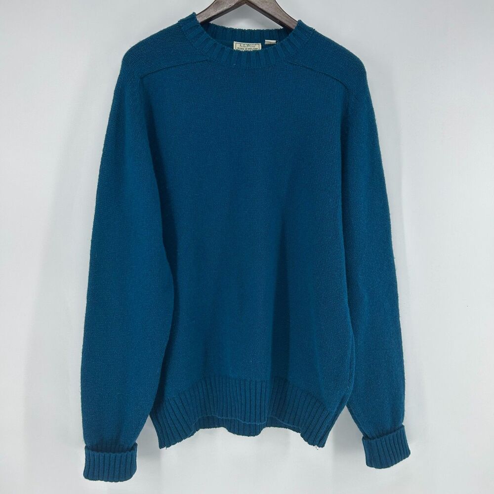 Vintage LL Bean Wool Fisherman Sweater Teal Pullover Made In Ireland Chunky